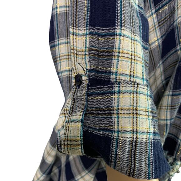 Krazy Kat Women’s 2X Blouse Blue White Plaid Open Front Fringed Trim 3/4 sleeves - Picture 3 of 15